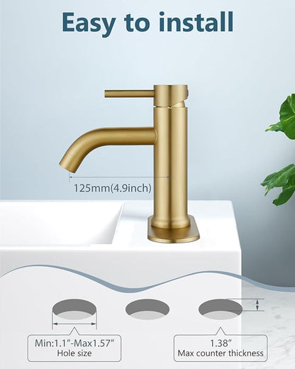 Aolemi Bathroom Faucet Single Hole,Single Handle Bathroom Sink Faucet with Supply Lines,with Pop Up Drain Assembly and Deck Plate,Brushed Gold