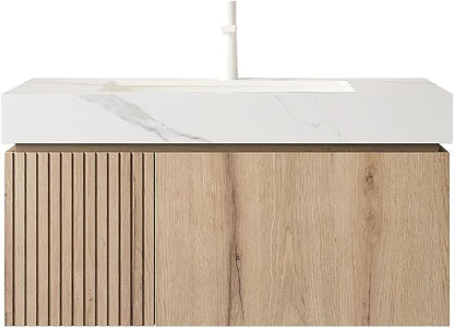 KEIKI 36 Inch Floating Bathroom Vanity with Sink, White Oak & White | Modern Wall Mounted Storage Cabinet w/ Drawer & Door, Pre-assembled Wood Panels, Sintered Stone Top & Ceramic Basin Combo Set