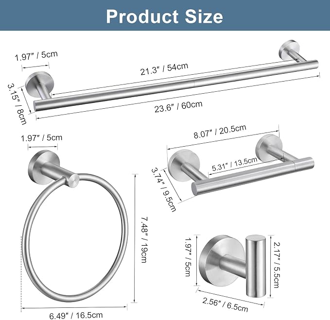 Brushed Nickel Bathroom Hardware Accessories Set, 5 Pieces Round Towel Bar Set Toilet Paper Holder Towel Rail Set for Bathroom Stainless Steel Wall Mounted Bathroom Set,23.6 in