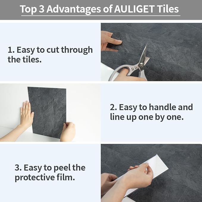 AULIGET 40-Piece Black Slate Peel and Stick Backsplash Wall Tiles, 3" x 12" PVC Faux Stone Stick on Tiles for Backsplash Kitchen, Bathroom, Laundry Room, Camper, Fireplace