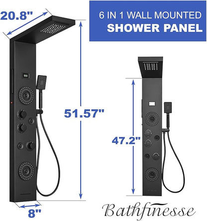Shower Panel LED Rainfall Waterfall Shower Head Light Bathroom Shower Panel Tower System Rain Massage 6-Functions with Handheld Shower Tub Spout Body Jet Temperature Display Wall Mount