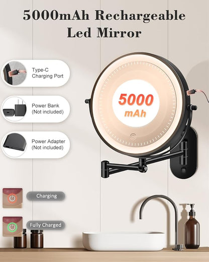 20X 9" Wall Mounted Magnifying Makeup Mirror with Light Height Adjustable | 5000mAh Double Sided Rechargeable LED Lighted Vanity Mirror with Magnification 3 Color Light up Extended Arm 360 Rotation