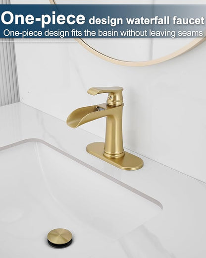 Waterfall Faucet, Brass Gold Bathroom Faucet 1 Hole, 1 Handle Bathroom Faucets for Sink 3 Hole (4 Inch) with Pop-up Drain, Hoses & Deck Plate