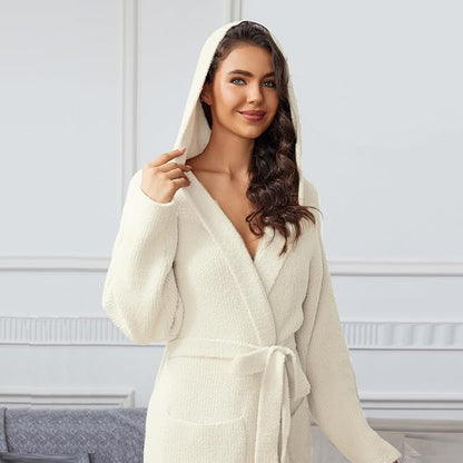 MH MYLUNE HOME Ultra Soft Robe With Pockets, Spa Bathrobe Loungewear Calf-Length, Plush Fuzzy Fluffy Wrap Robe for Women