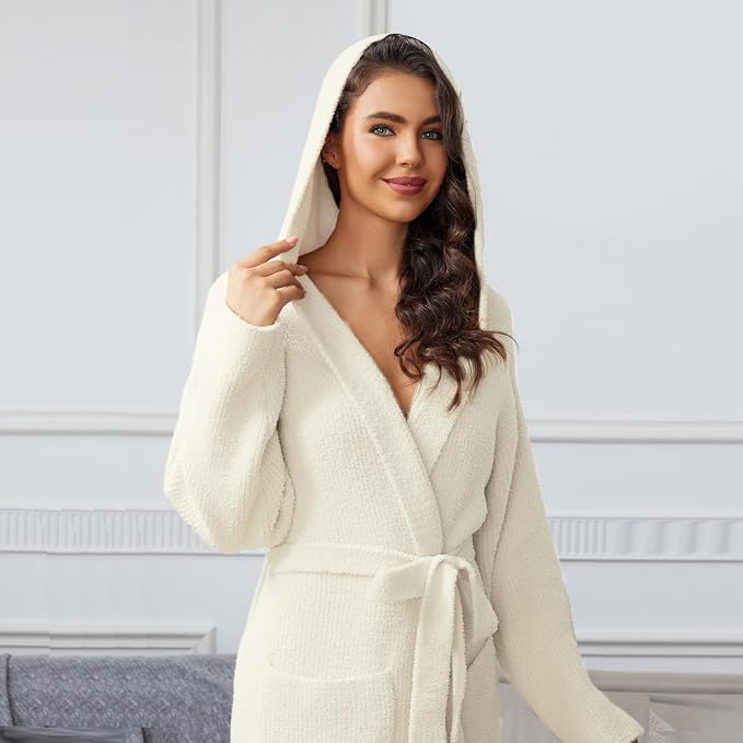 MH MYLUNE HOME Ultra Soft Robes for Women with Pockets, Womens Robe Plush | Hooded House Robes for Women Calf-Length, Spa Bath Robe, Cozy Comfy Fluffy Fuzzy Robe for Women, Womens Bathrobe