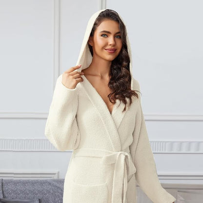 MH MYLUNE HOME Ultra Soft Robes for Women with Pockets, Womens Robe Plush | Hooded House Robes for Women Calf-Length, Spa Bath Robe, Cozy Comfy Fluffy Fuzzy Robe for Women, Womens Bathrobe