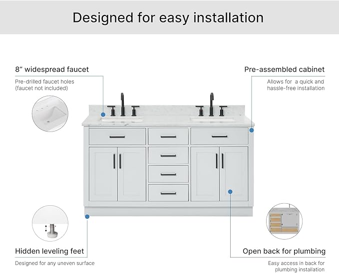 ARIEL Hepburn 60-inch Bathroom Vanity with Sink,Solid Wood, 0.75-inch Italian Carrara Marble Countertop, Double Rectangular Porcelain Sink, 4 Soft Closing Doors, 6 Dovetail Drawers, Grey