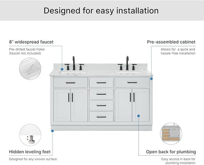 ARIEL Hepburn 60-inch Bathroom Vanity with Sink,Solid Wood, 0.75-inch Italian Carrara Marble Countertop, Double Rectangular Porcelain Sink, 4 Soft Closing Doors, 6 Dovetail Drawers, Grey