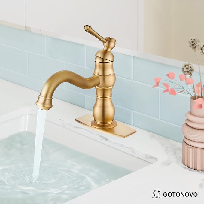 gotonovo Bathroom Faucet 1 Hole Vintage,Antique Brass,7.1” Spout Reach | Bathroom Sink Faucet for 1 or 3 Hole Single Handle,Deck Plate,360° Swivel Spout,Pop Up Drain,cUPC Supply Hoses,for Vanity RV
