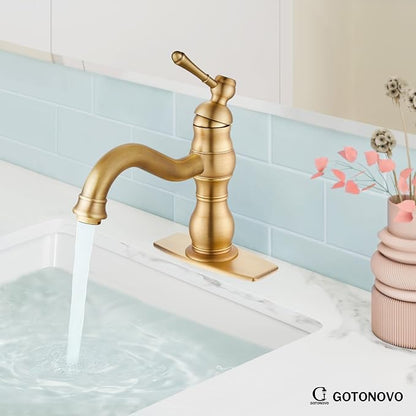 gotonovo Bathroom Faucet 1 Hole Vintage,Antique Brass,7.1” Spout Reach | Bathroom Sink Faucet for 1 or 3 Hole Single Handle,Deck Plate,360° Swivel Spout,Pop Up Drain,cUPC Supply Hoses,for Vanity RV