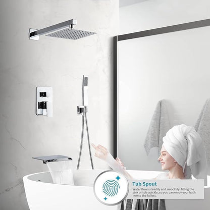 Chrome Shower Faucet Set with Tub Spout 10 Inch Shower Head | Tub and Shower Faucet Combo, Rain Shower and Handheld Shower System Square Wall Mount for Bathroom