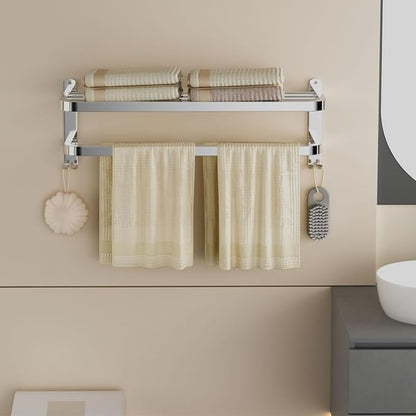 23 Inch Bathroom Towel Rack Towel Shelf with Double Towel Bars Lavatory Wall Mount Holder with Hooks Stainless Steel Hotel Bath Rack