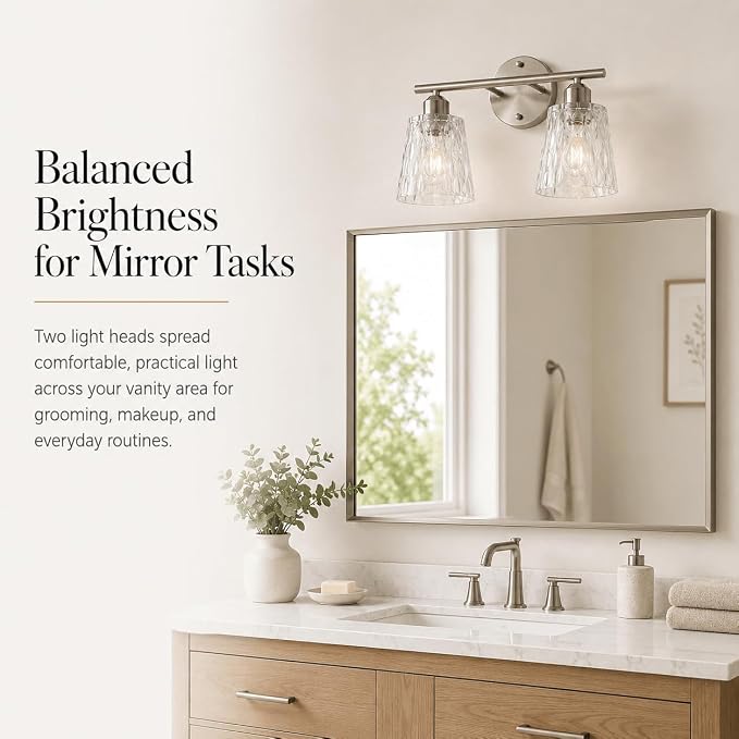 Brushed Nickel Bathroom Light Fixture, 2-Light Modern Vanity Light Over Mirror with Textured Glass Shades, Stainless Steel Construction, E26 Sockets (Bulbs Not Included)
