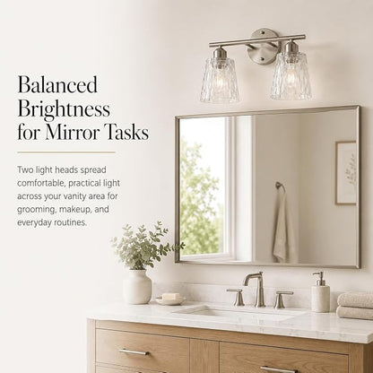 Brushed Nickel Bathroom Light Fixture, 2-Light Modern Vanity Light Over Mirror with Textured Glass Shades, Stainless Steel Construction, E26 Sockets (Bulbs Not Included)