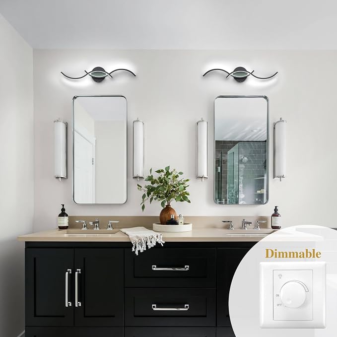 EDISLIVE Modern Wave LED Vanity Light Dimmable Modern Led Vanity Light Fixtures Linear Wall Sconce with Acrylic Strip Shade，24 in LED Vanity Lights for Bathroom Bedroom Makeup Living Room, Black