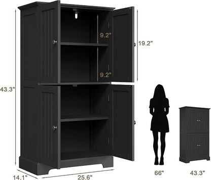 ChooChoo Bathroom Floor Cabinet with Adjustable Shelves | Bathroom Storage Cabinet, 4 Doors, Freestanding Cupboard for Living Room, Kitchen Pantry, Black