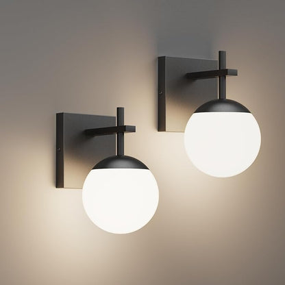 Ralbay Black Indoor Wall Sconces Set of 2,Mid Century Modern Bathroom Wall Lighting Fixtures Milky Glass Wall Lamp for Bedroom Living Room Vanity Hallway, Matte Black (Exclude Bulb)