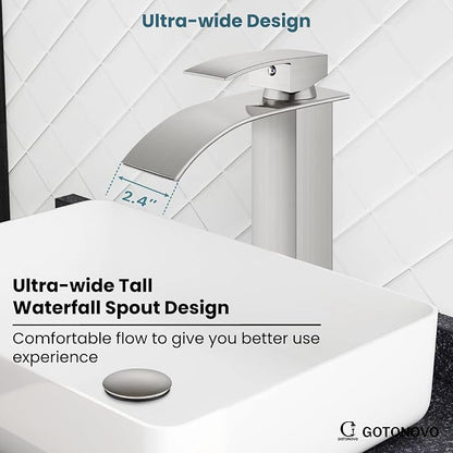 gotonovo Waterfall Tall Bathroom Faucet 1 Hole No Drain, Brushed Nickel | Modern Vessel Sink Faucet Single Handle 304 Stainless Steel,24” cUPC Supply Hoses,for Bowl Basin Lavatory Vanity Restroom RV