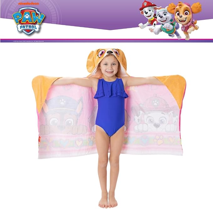 Paw Patrol Girl Skye, Marshall, Chase Kids Super Soft Bath/Pool/Beach Soft Cotton Terry Hooded Towel Wrap, 24 in x 50 in, (Officially Licensed Product) by Franco