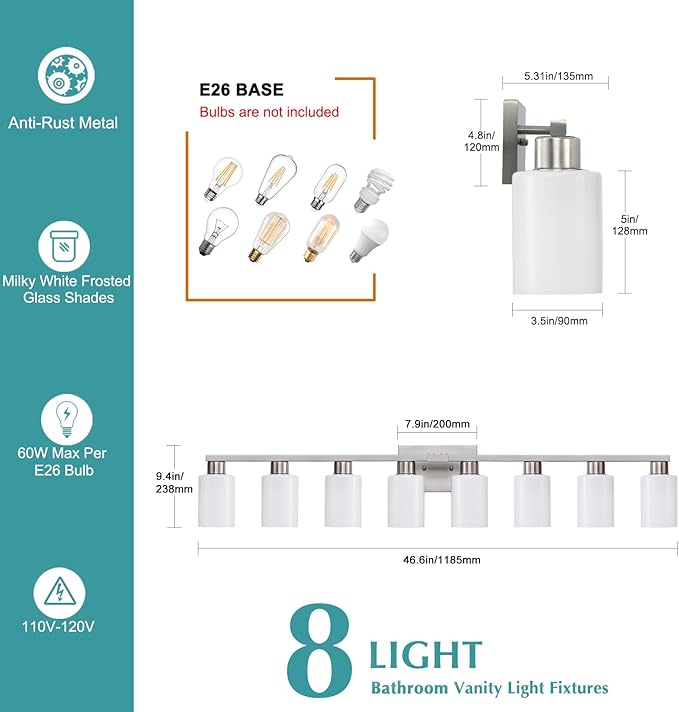 8-Light Bathroom Vanity Light Brushed Nickel Bathroom Light Fixtures 8 Light Vanity Lights for Wide Mirrors Nickel 8-Light Long Wall Sconce with Milky White Frosted Glass Shades for Bath Living Room