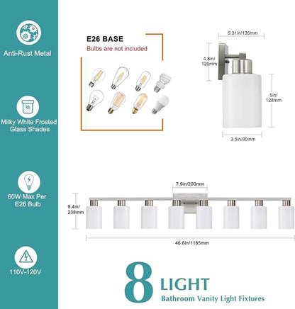 8-Light Bathroom Vanity Light Brushed Nickel Bathroom Light Fixtures 8 Light Vanity Lights for Wide Mirrors Nickel 8-Light Long Wall Sconce with Milky White Frosted Glass Shades for Bath Living Room