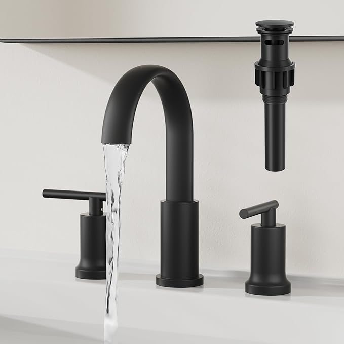 Matte Black Waterfall Bathroom Faucet 3 Hole, Widespread Two Handle Bathroom Sink Faucet Vanity Faucet, 8 Inch Bathroom Faucets for Sink with cUPC Supply Lines and Pop-Up Drain