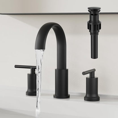Matte Black Waterfall Bathroom Faucet 3 Hole, Widespread Two Handle Bathroom Sink Faucet Vanity Faucet, 8 Inch Bathroom Faucets for Sink with cUPC Supply Lines and Pop-Up Drain