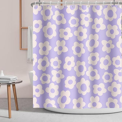 Purple Flower Shower Curtain Vintage Flower 70s 80s Abstract Floral Cute Violet Fabric Shower Curtains Bathroom Accessories 72x72