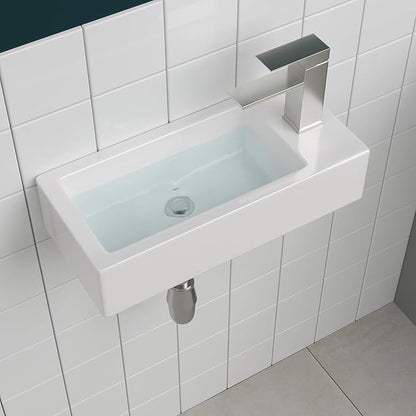 Sarlai Floating Vessel Sink Wall Mounted - 15"x7" Wall Mount Hang Small Bathroom Sinks Tiny Small Modern Rectangle Floating White Porcelain Ceramic Vanity Sink, Right Hand