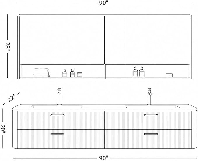 90 in Double Bathroom Vanity with Sinks - Modern Floating Bathroom Vanity with Solid Wood Cabinet, Anti-Fog Mirror and Integrated Stone Sinks | Wall Mounted Design | Ample Storage