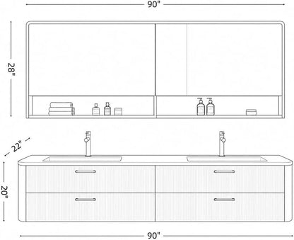 90 in Double Bathroom Vanity with Sinks - Modern Floating Bathroom Vanity with Solid Wood Cabinet, Anti-Fog Mirror and Integrated Stone Sinks | Wall Mounted Design | Ample Storage