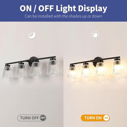 OCIOC Bathroom Vanity Light, 4-Light Modern Matte Black Wall Sconce with Glass Shade, Black Wall Light fixture, Bath Vintage Wall Mounted Lamps for Mirror Bedroom,Living Room