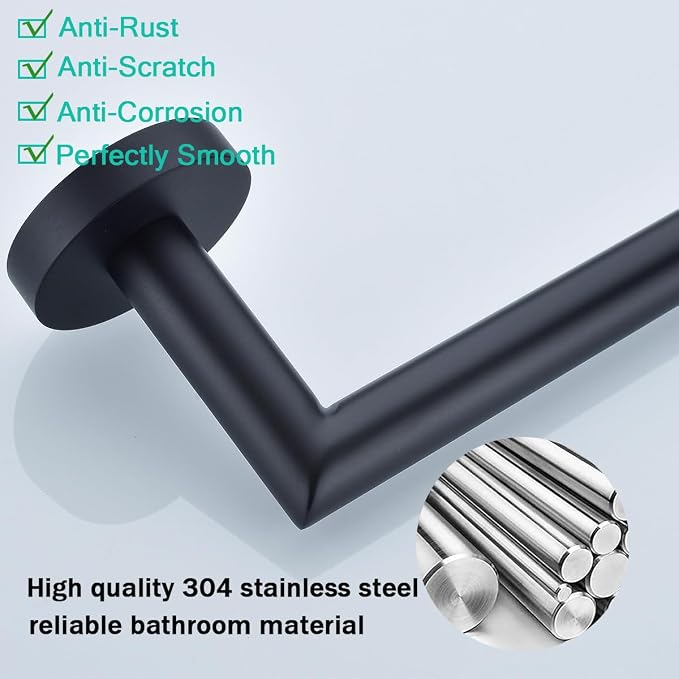Matte Black Bathroom Hardware Accessories Set 4 Pieces,18 Inch Towel Bar,Toilet Paper Holder,Towel Hooks,SUS 304 Stainless Steel Wall Mounted Bathroom Towel Bar Set,SE96018S-4MB
