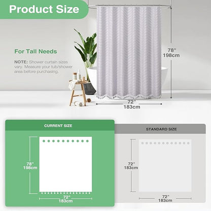 Dynamene 78 Inches Long Shower Curtain, Boho Tufted Chevron Striped Tall Cloth Shower Curtains for Bathroom Decor, Large Hotel Spa Luxury Shower Curtain Set with Hooks, Wrinkle Free, Lavender, 72x78