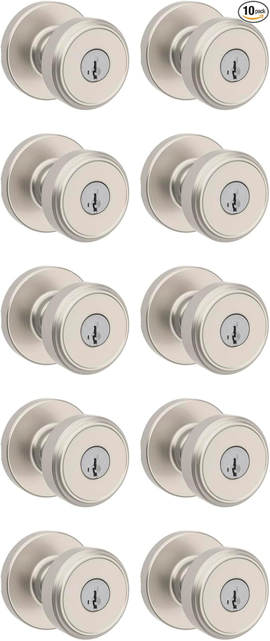 Kwikset Maven Entry Door Knob with Lock and Key, Secure Keyed Handle Exterior, Front Entrance and Bedroom, Satin Nickel, 10 Pack, Pick Resistant SmartKey Rekey Security and Microban
