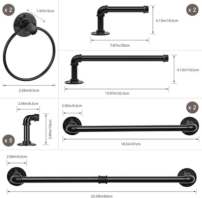 13-Pieces Towel Bar Set Black Bathroom Hardware Set Industrial Pipe Bath Towel Rack Accessories Kit Wall Hand Towel Bar, Toilet Paper Holder, Towel Ring, Robe Towel Hooks, Kitchen Tissue Paper Hanger