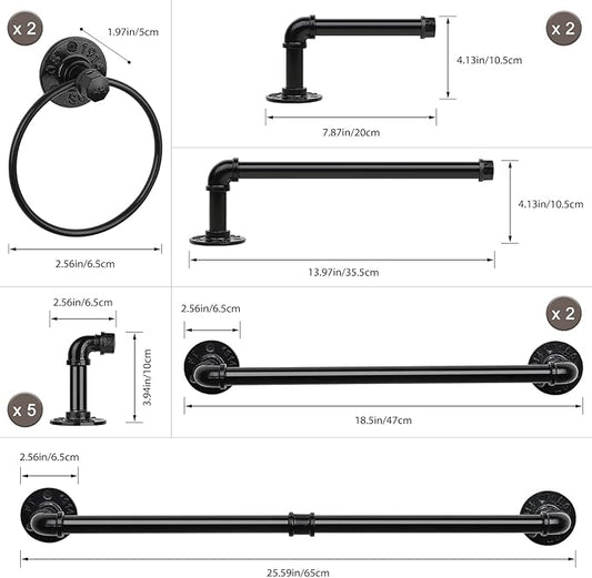 13-Pieces Towel Bar Set Black Bathroom Hardware Set Industrial Pipe Bath Towel Rack Accessories Kit Wall Hand Towel Bar, Toilet Paper Holder, Towel Ring, Robe Towel Hooks, Kitchen Tissue Paper Hanger