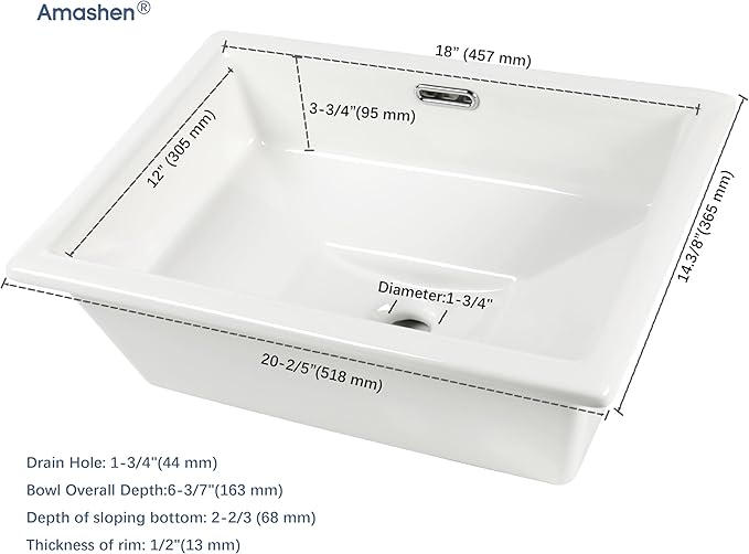 20.5" x 14.4" Self-rimming Bathroom Sink Undermount or Drop-in Ceramic Vanity Basin with Overflow (OB-15)