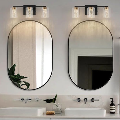 SineRise 3-Light Black and Gold Vanity Light with 3 Color Modes (3000K/4000K/6000K), Eye Protection LED Bathroom Light Fixture, Dimmable Modern Wall Light Over Mirror with Clear Glass Shade
