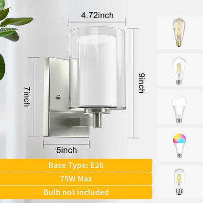 Wall Sconces Set of Two, Modern Brushed Nickel Vanity Wall Lights | Double Clear Glass Shades With E26 Base, Farmhouse Wall Lights For Bathroom, Bedroom, Living Room, Mirror And Hallway.