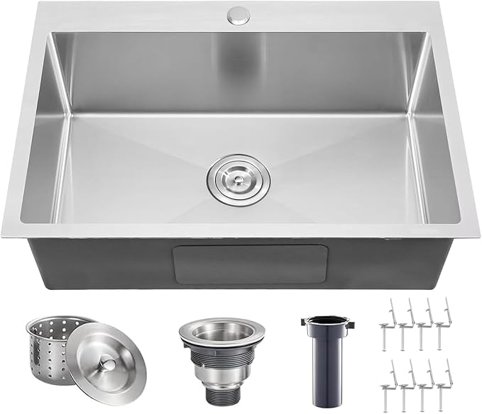 28x18 Inch Drop In Kitchen Sink, Topmount Stainless Steel Brushed Nickel Single Bowl Kitchen Sink, Extra-thick 16 Gauge Kitchen Sinks For RV Laundry Utility with Basket Strainer