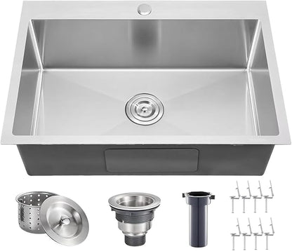 28x18 Inch Drop In Kitchen Sink, Topmount Stainless Steel Brushed Nickel Single Bowl Kitchen Sink, Extra-thick 16 Gauge Kitchen Sinks For RV Laundry Utility with Basket Strainer