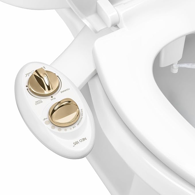 LUXE Bidet NEO 185 - Bidet Attachment for Toilet Seat, Gold | Non-Electric, Dual Nozzle, Self-Cleaning, Adjustable Water Pressure, Rear & Feminine Wash