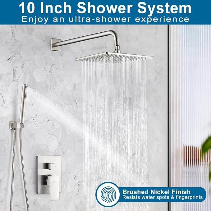 Shower Faucet Set Brushed Nickel Rainfall 10 Inch Shower Head and Handle Set Bathroom Rain Shower System Wall Mounted Shower Fixture Include Shower Valve and Trim Kit