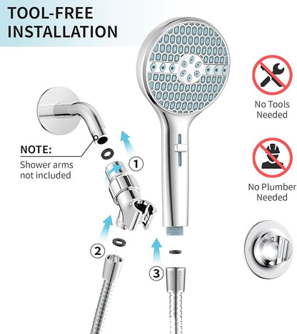 Shower Head With Handheld, 9-Mode High Pressure Handheld Showerhead | Built-in Pause Mode & Power Wash, Anti-clog Nozzles Hand Shower, Leakproof 71 Inch Hose & Adjustable Bracket, Chrome