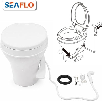 SEAFLO RV Toilet with Sprayer Attachment - White, 18.4” Residential Height, Gravity Flush Foot Pedal Camper Toilet Soft Close Seat Elongated Bowl Motorhome, 4-Year Warranty, SFRTPH-01-02