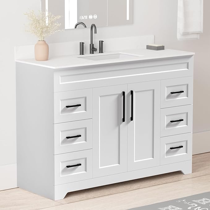 48 Inch Bathroom Vanity with Quartz Countertop -Rectangle Sink & Plywood Cabinet & Soft-Close Drawers and Doors