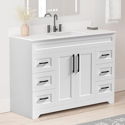 48 Inch Bathroom Vanity with Quartz Countertop -Rectangle Sink & Plywood Cabinet & Soft-Close Drawers and Doors