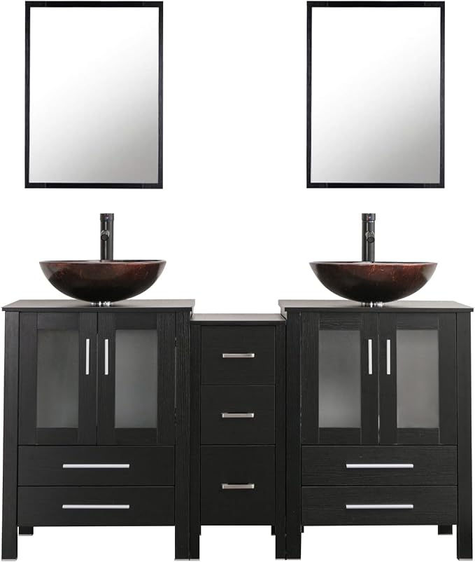 60" Black Bathroom Vanity Set,Double Vanity with Double Vessel Sink Combo and Removable Side Cabinet,Mirror Not Included (A09)