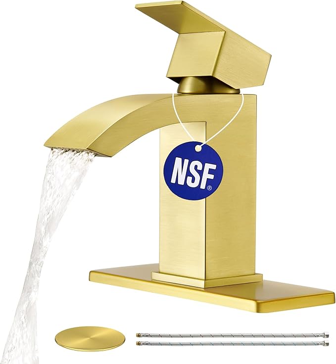 CREA Gold Waterfall Bathroom Faucet Single Hole,Brushed Gold Faucet for Bathroom Vanity Single Handle Bathroom Sink Faucet 1 Hole,Stainless Steel Utility Sink Faucet for RV Bar Lavatory(Pop Up Drain)
